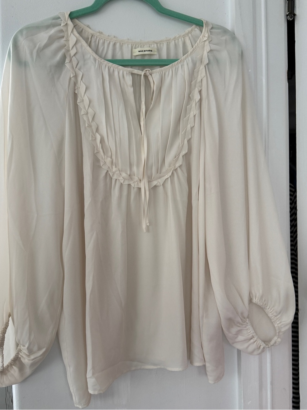 Max Studio Ivory Pleated Peasant Blouse with Braided Trim